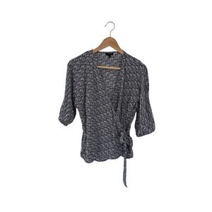 TALBOTS Petite‎ Wrap Blouse Navy White Swirl Print 3/4 Sleeve Tie Waist